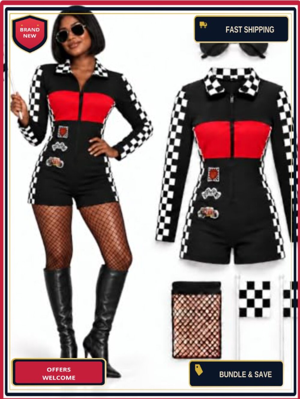 Race Car Driver Costume Retro Racing Jumpsuit Halloween Cosplay Set